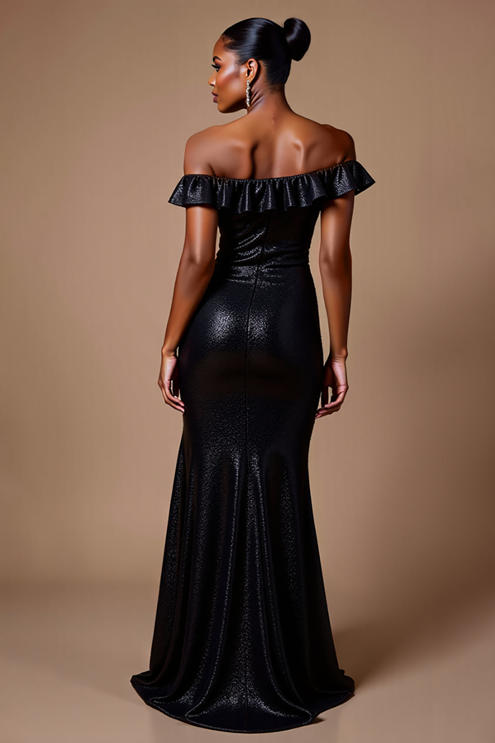 Glittrande Svart Off The Shoulder Paljett Lång Formell Klänning Med Slits