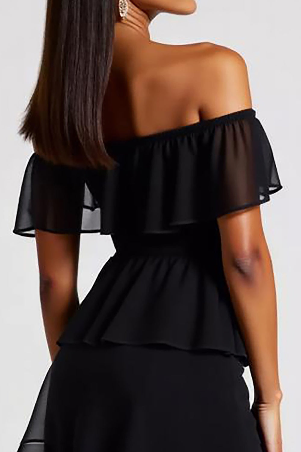 Svart Off The Shoulder Tiered Kort Chiffong Formell Klänning