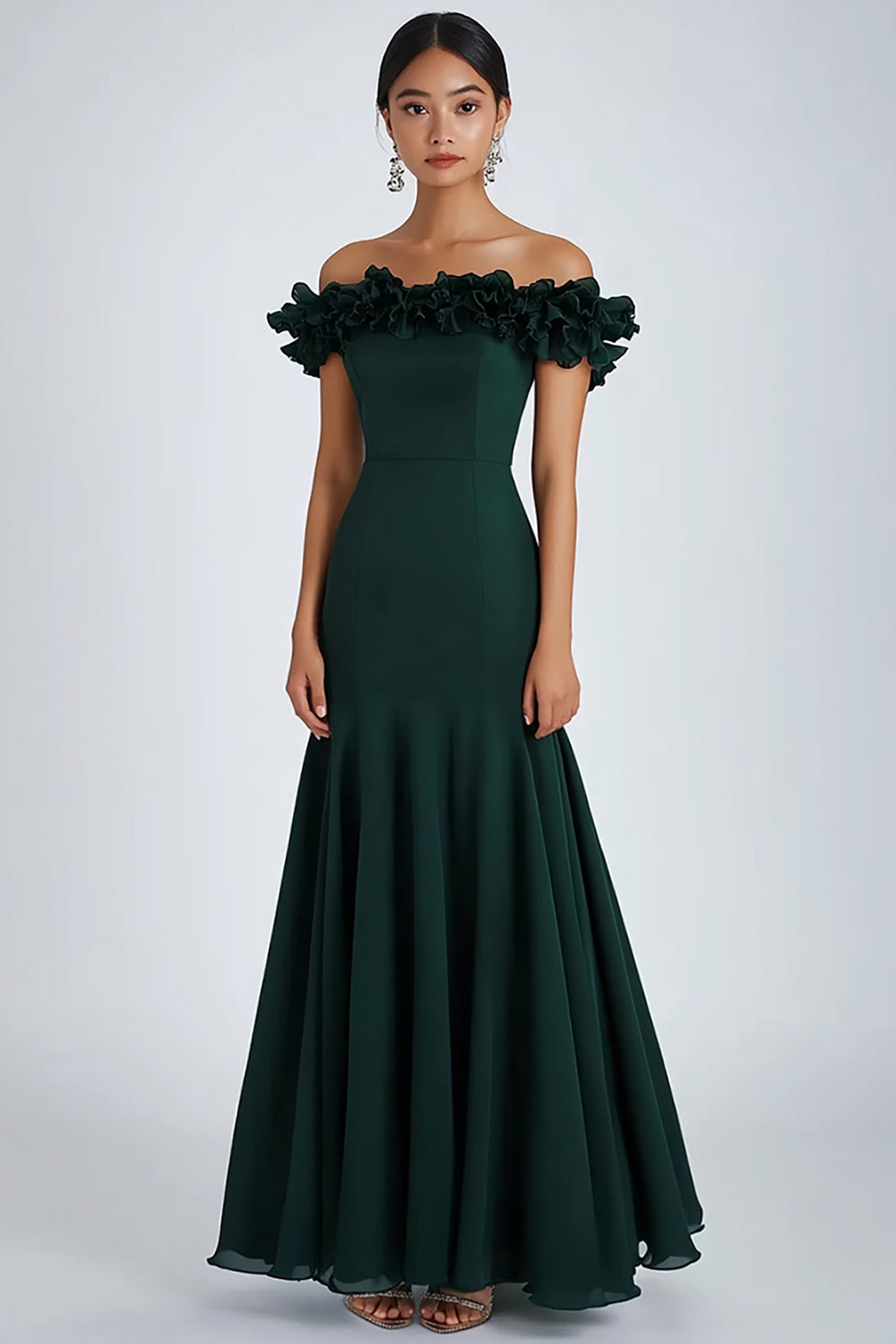 Mörkgrön Off The Shoulder Ruffles Rynkad Formell Klänning