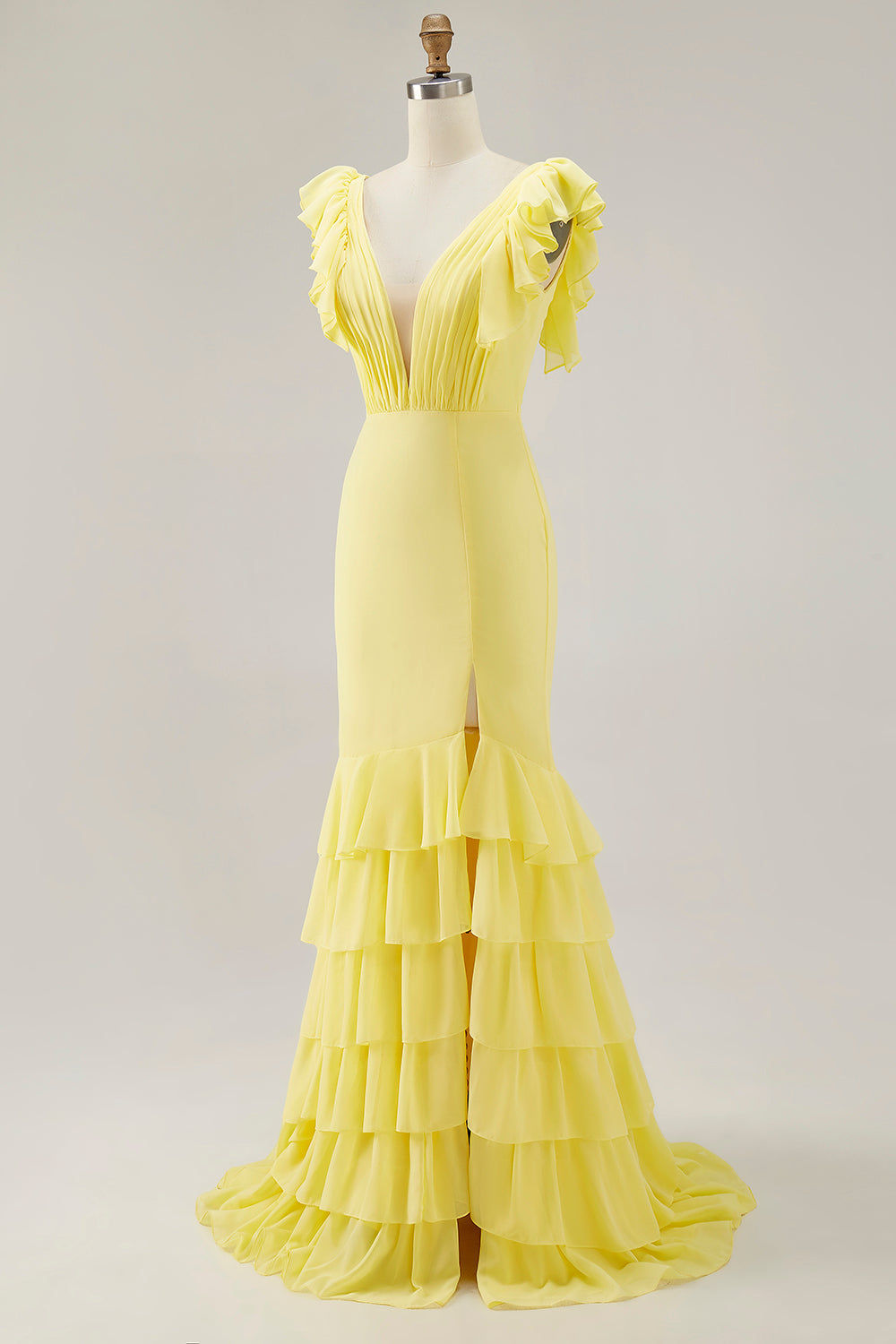 Gul sjöjungfru V-ringad Tiered Lång Formell Klänning med Ruffled Slits