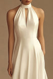 Vit Halter Satin Backless Bröllopsklänning