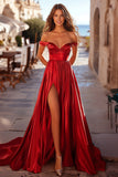 Off The Shoulder A Line Plisserad Röd Satin Prom Klänning Med Slits