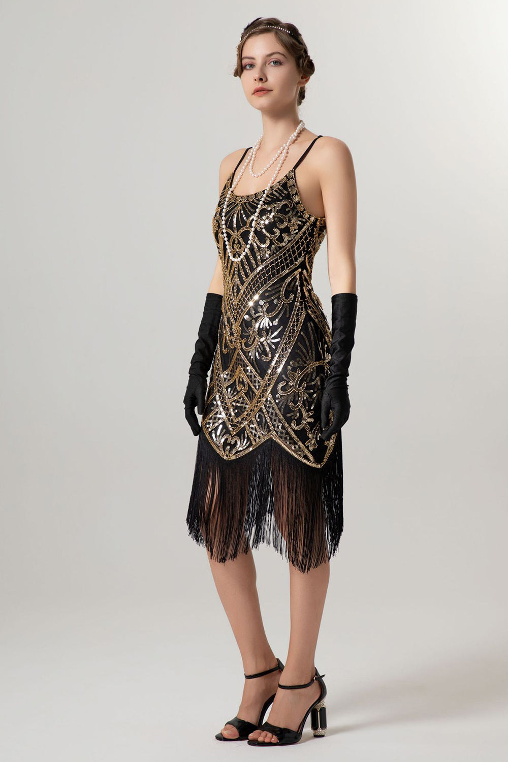 Svart Gyllene Slida Paljett 1920-talet Flapper Klänning med tofsar