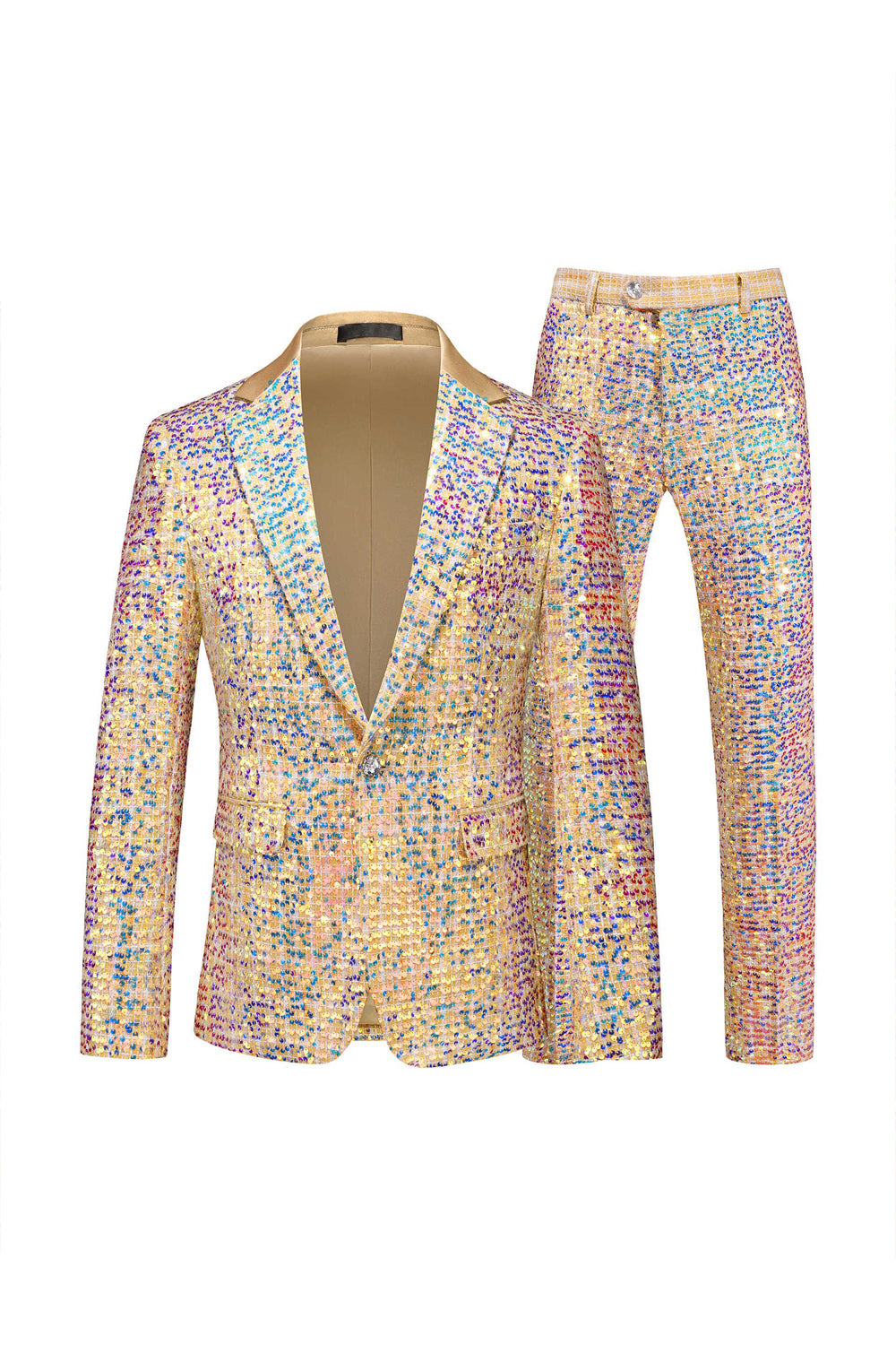 Champagne Paljett Enkelknäppt Notched Kavajslag Tryckt 2 stycken Mäns Balkostymer