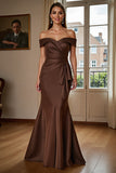 Off The Shoulder Sjöjungfru Satin Brown Formell Klänning Med Draperad Rosett