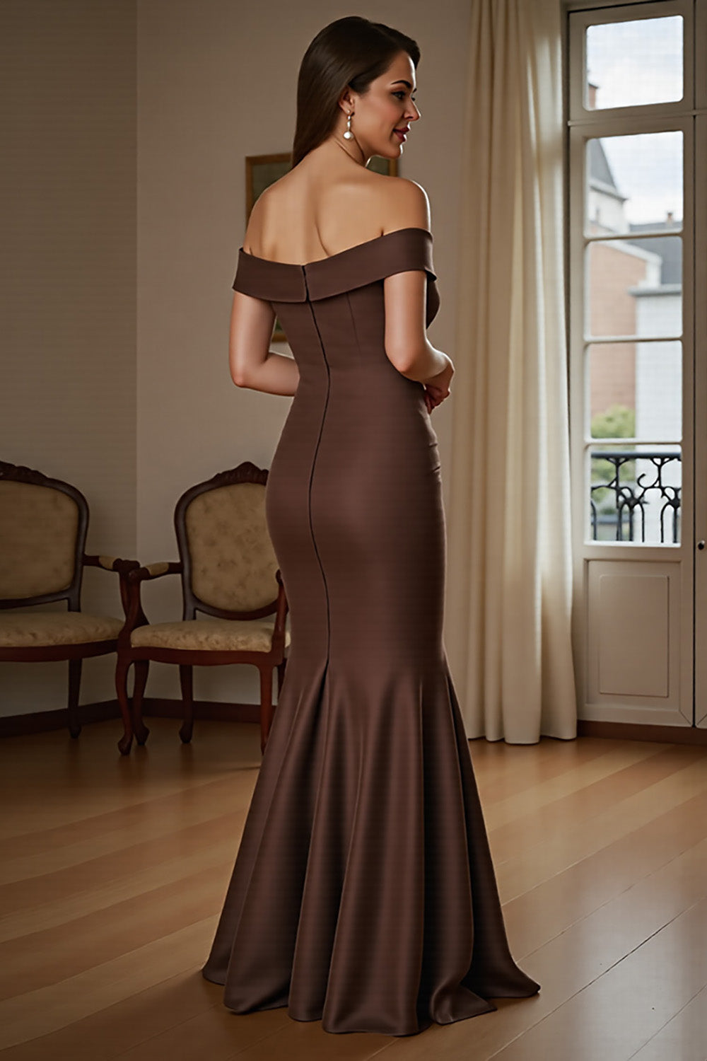 Off The Shoulder Sjöjungfru Satin Brown Formell Klänning Med Draperad Rosett