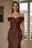 Off The Shoulder Sjöjungfru Satin Brown Formell Klänning Med Draperad Rosett