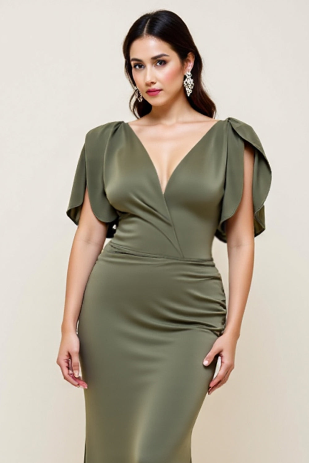 Olivfodral Lång Plus Size Klänning för Brudens Mor
