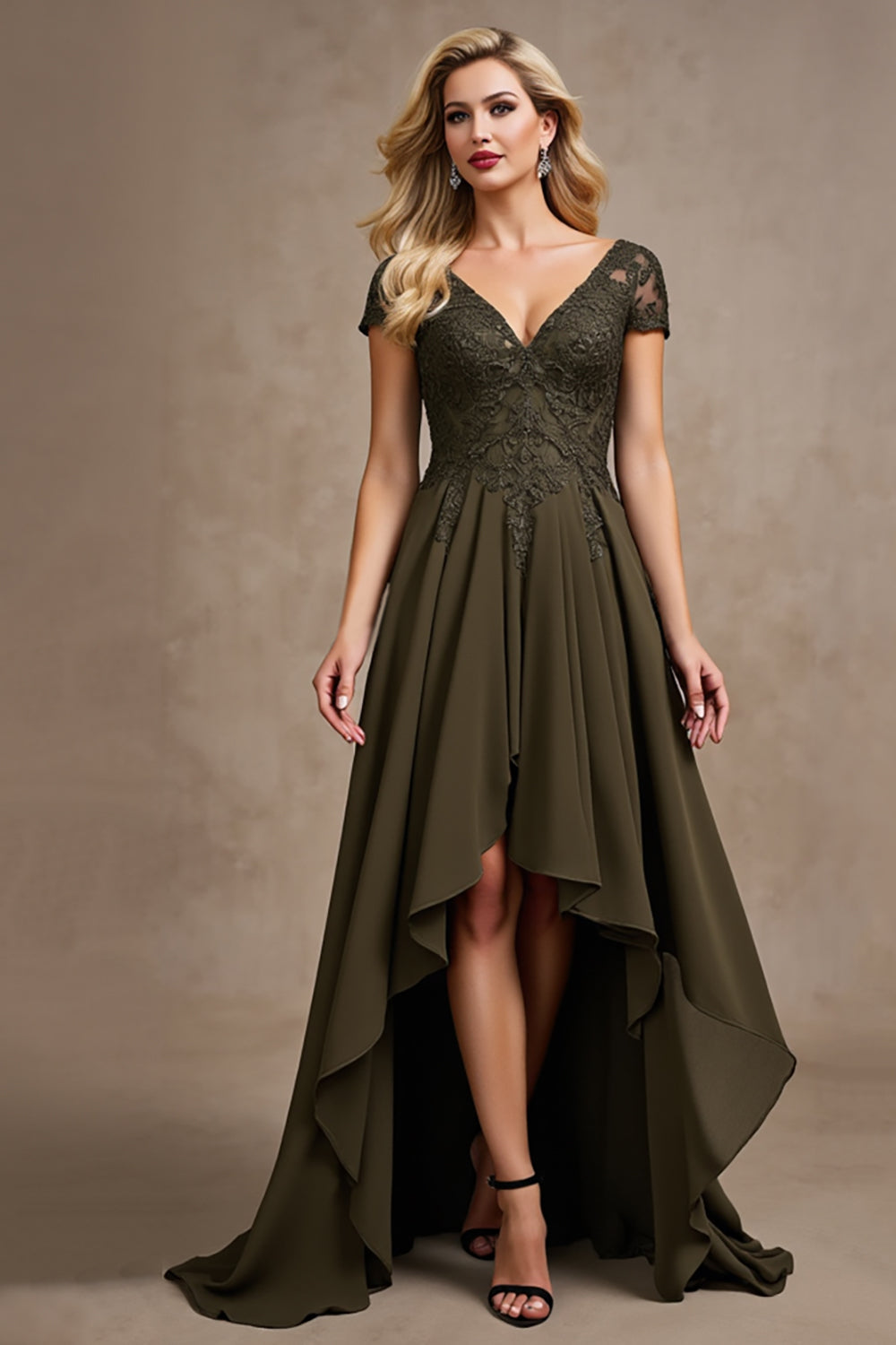 Oliv Satin Asymmetrisk Hög Låg Klänning till brudens mor