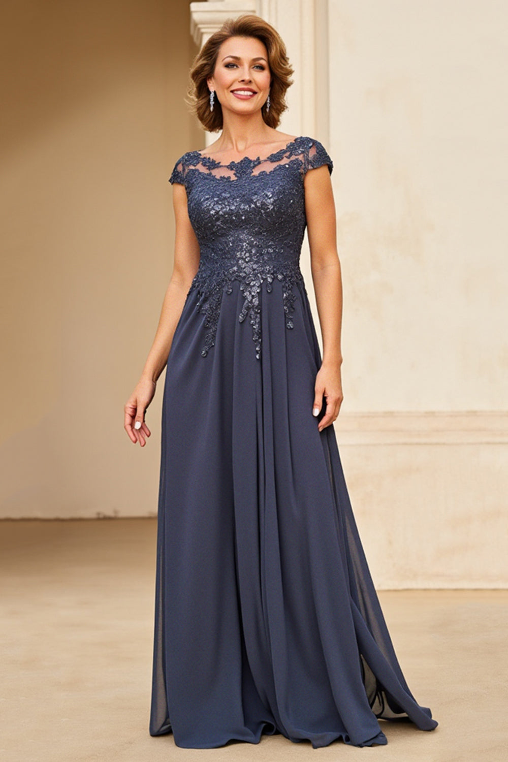 Twilight Applique Chiffong Klänning för brudens mor med Cap ärmar