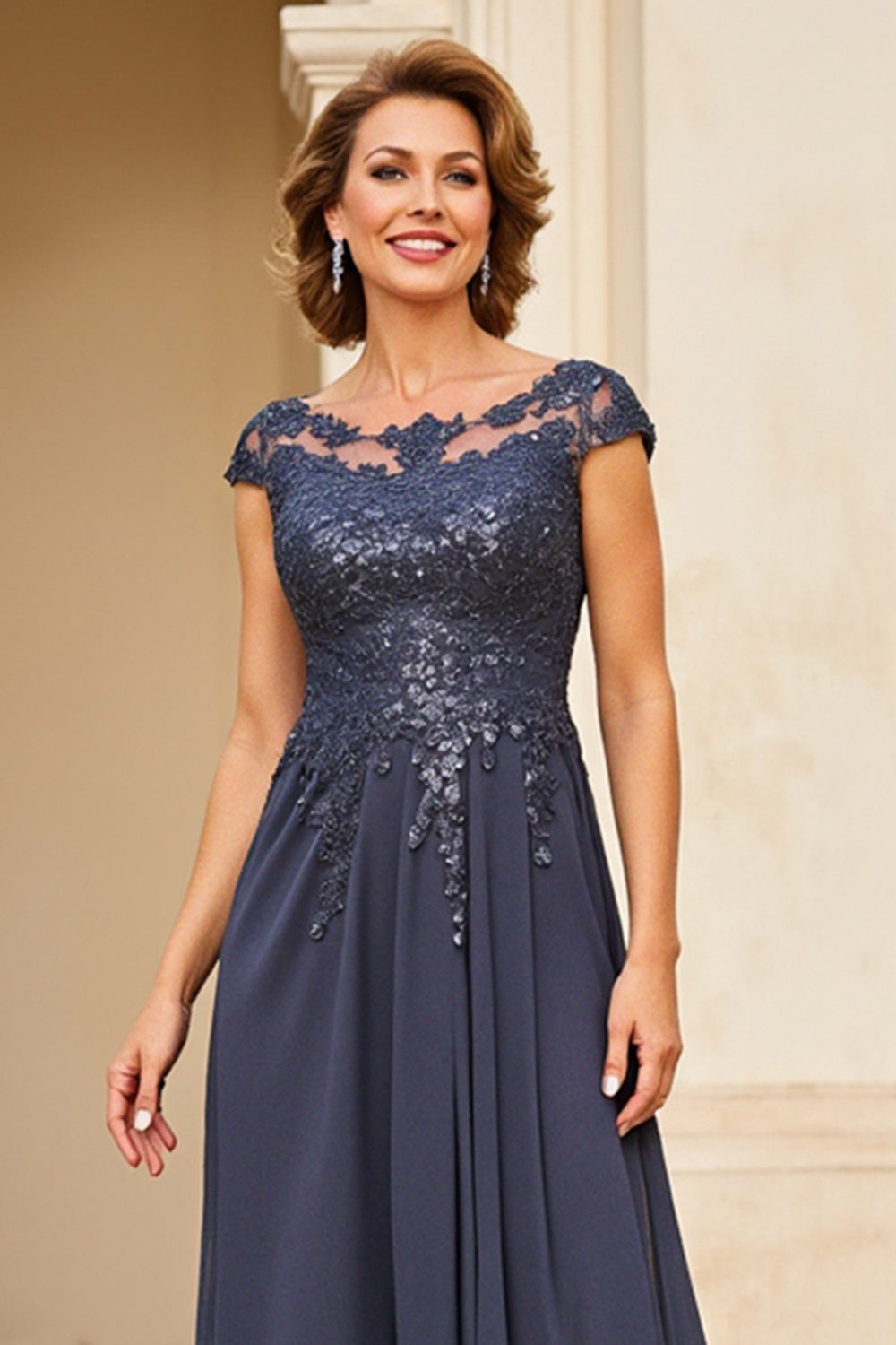 Twilight Applique Chiffong Klänning för brudens mor med Cap ärmar