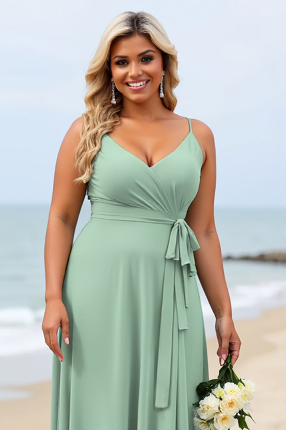 Salvia Grön Plus Size Chiffong Spaghetti Remmar Lång Brudtärna Klänning