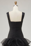 Svart Organza A-linje High-Low Formell Klänning med Volang Slits