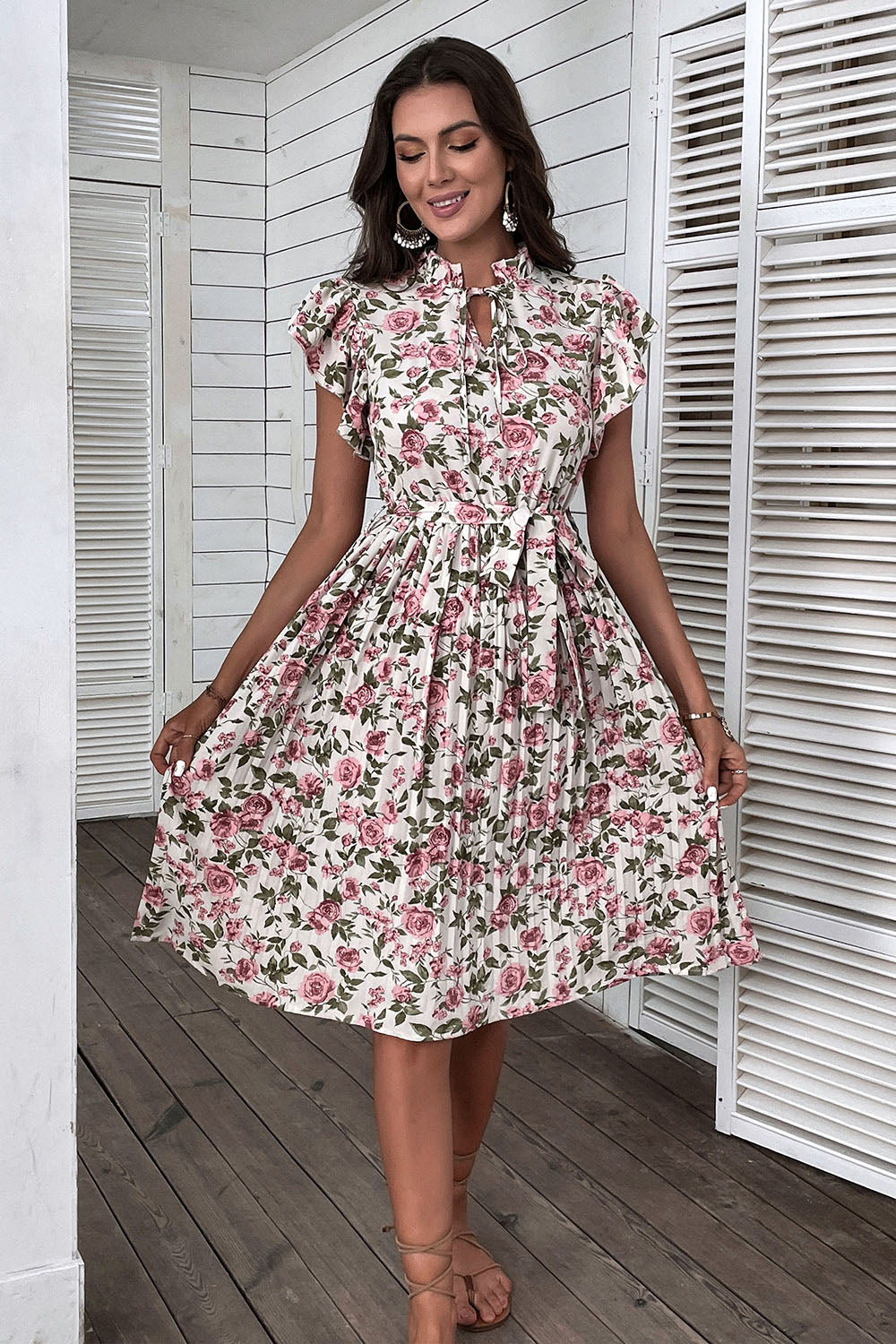 Vit Rosa Blommig En linje Plisserad Sommarklänning