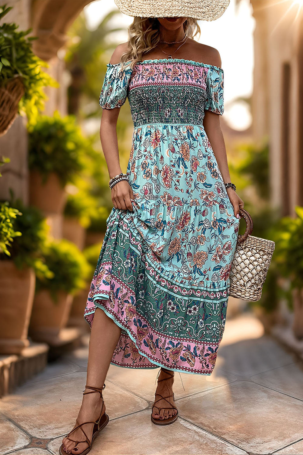 Off The Shoulder A Line Grön Tryckt Sommarklänning