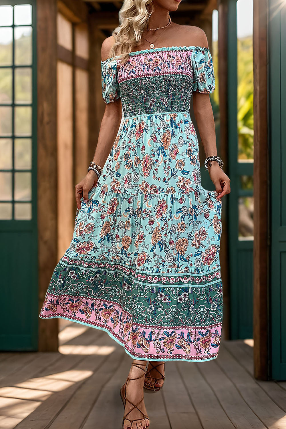 Off The Shoulder A Line Grön Tryckt Sommarklänning