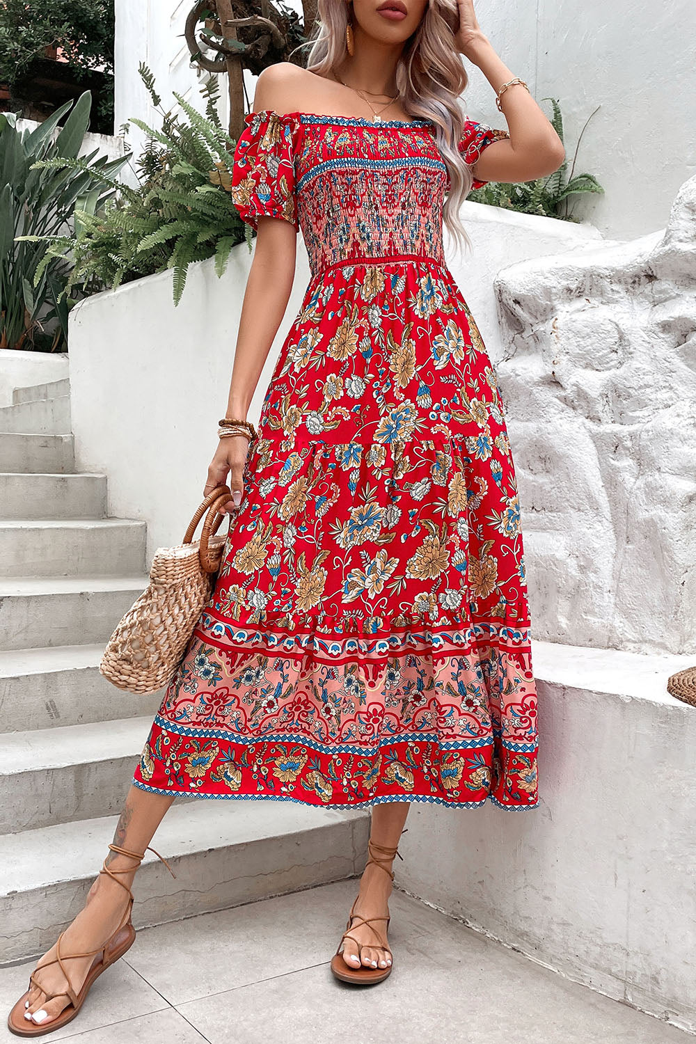 Off The Shoulder A Line Grön Tryckt Sommarklänning