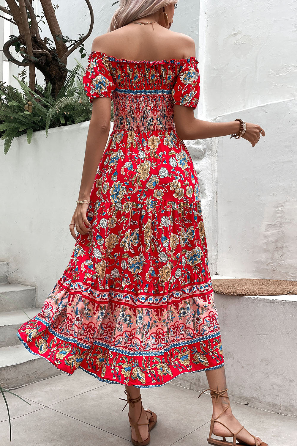 Off The Shoulder A Line Grön Tryckt Sommarklänning