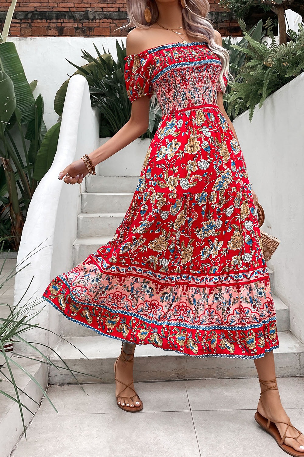 Off The Shoulder A Line Grön Tryckt Sommarklänning