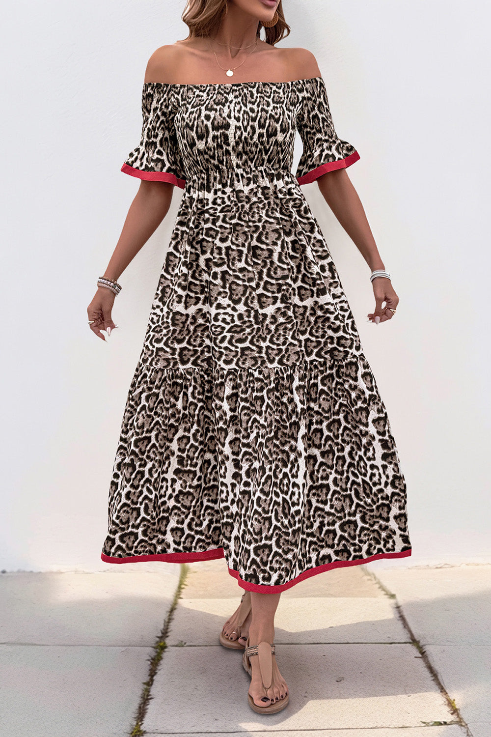 Brun Leopard Off Shoulder En Linje Sommarklänning