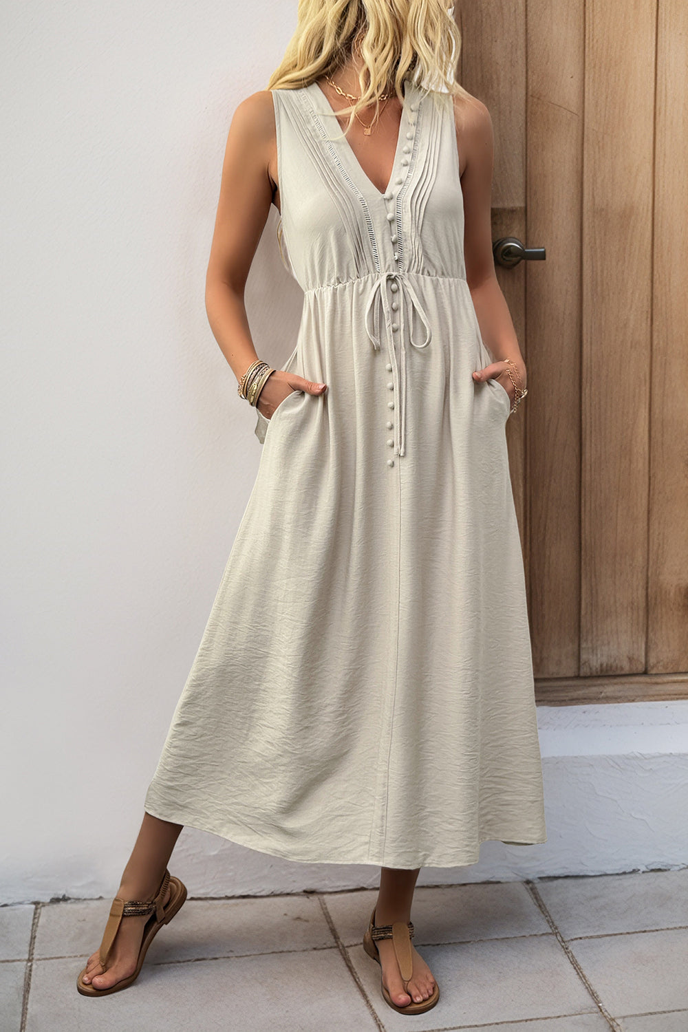V-ringad Khaki A Line Casual Sommarklänning med fickor