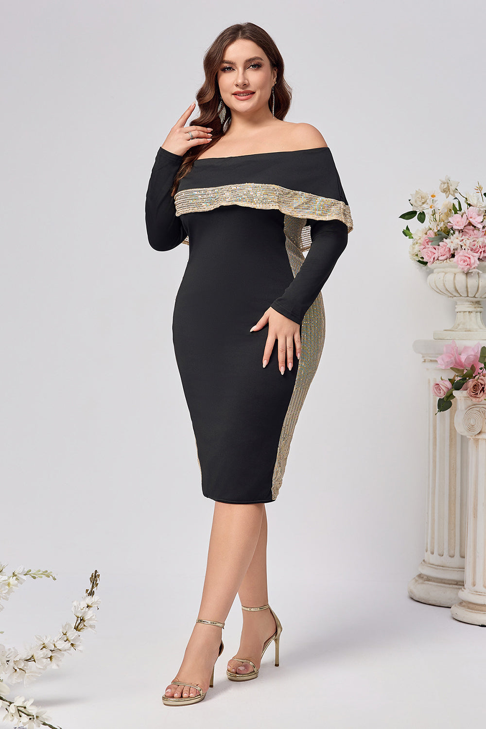 Plus Size Svart Bodycon Satin Knälång Klänning för Brudens Mor