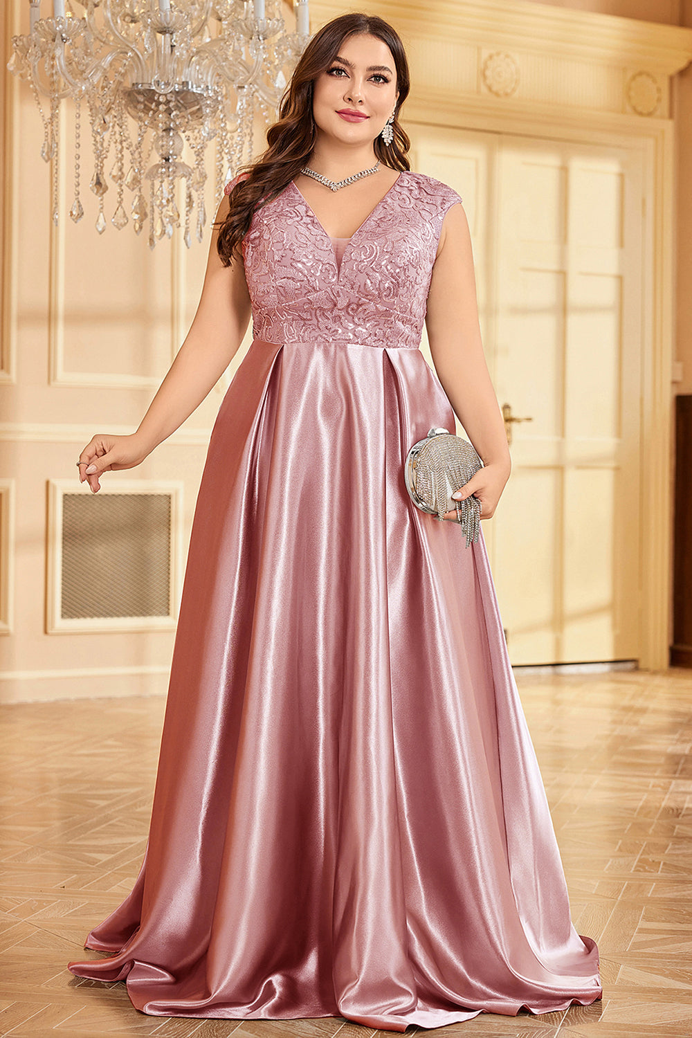 Rodnande Rosa Plus Size Satin Lång Klänning För Brudens Mor