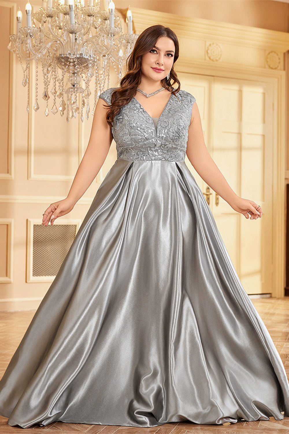 Rodnande Rosa Plus Size Satin Lång Klänning För Brudens Mor