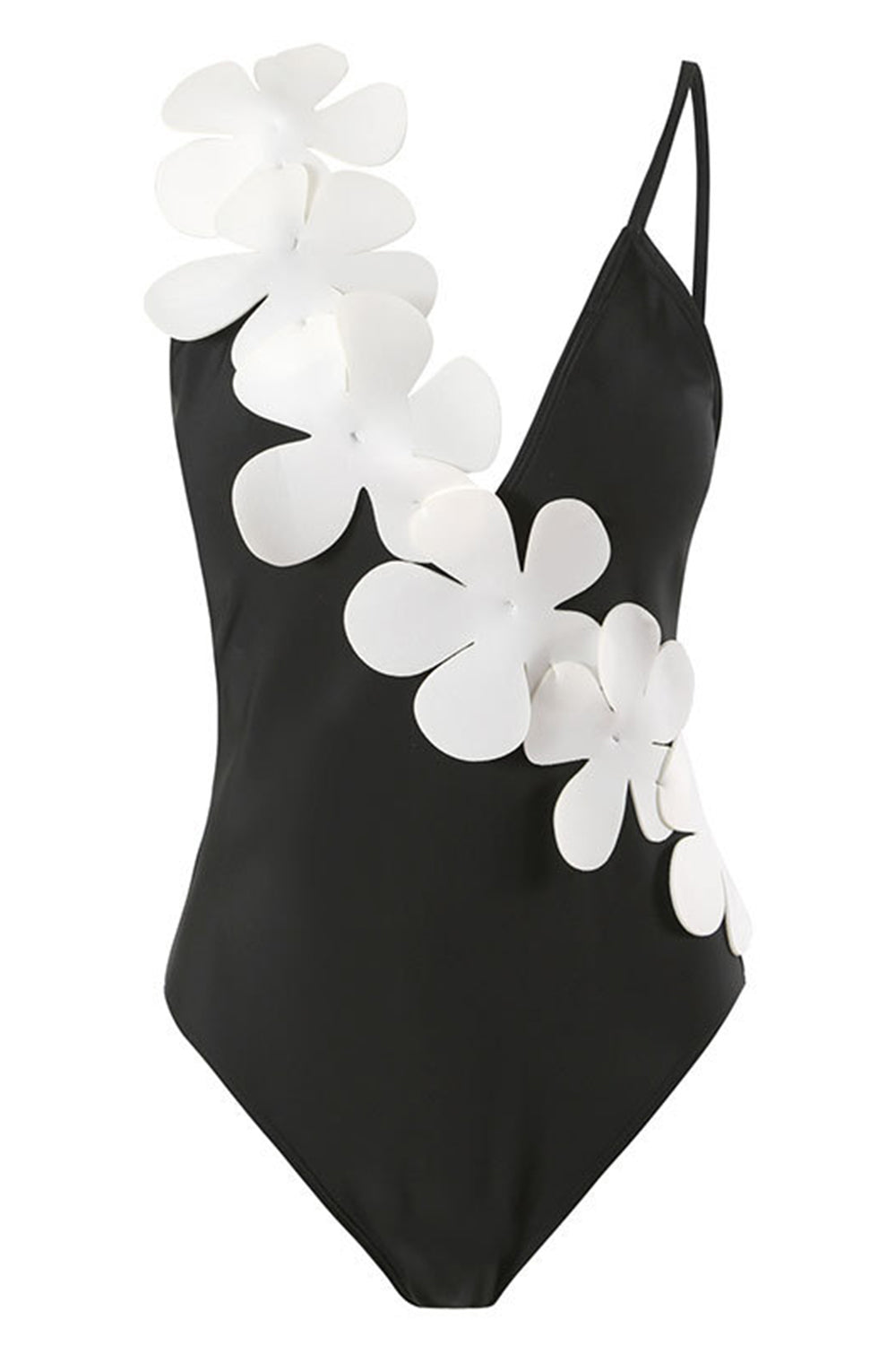 Svart Vit One Piece V Neck Beach Badkläder med 3D Blommor
