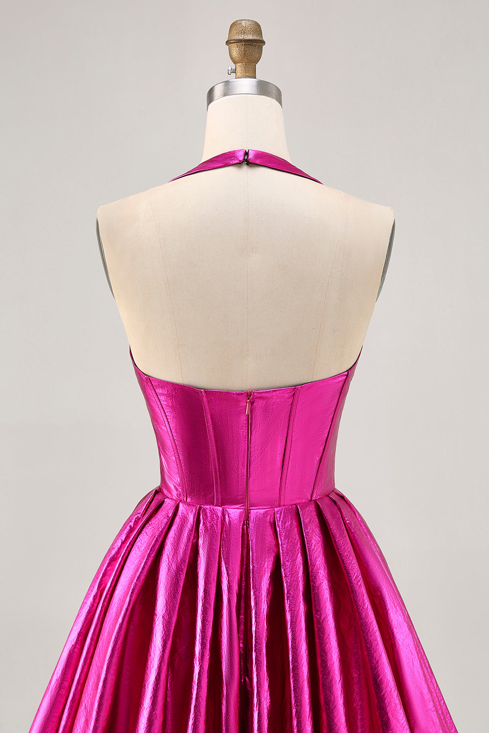 Metallic Fuchsia Halter Plisserad Kort Balklänning