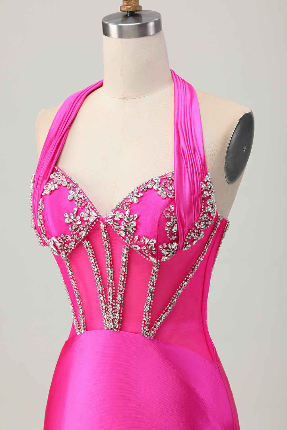 Fuchsia Bodycon Halter Backless Satin Kort Balklänning med Strass