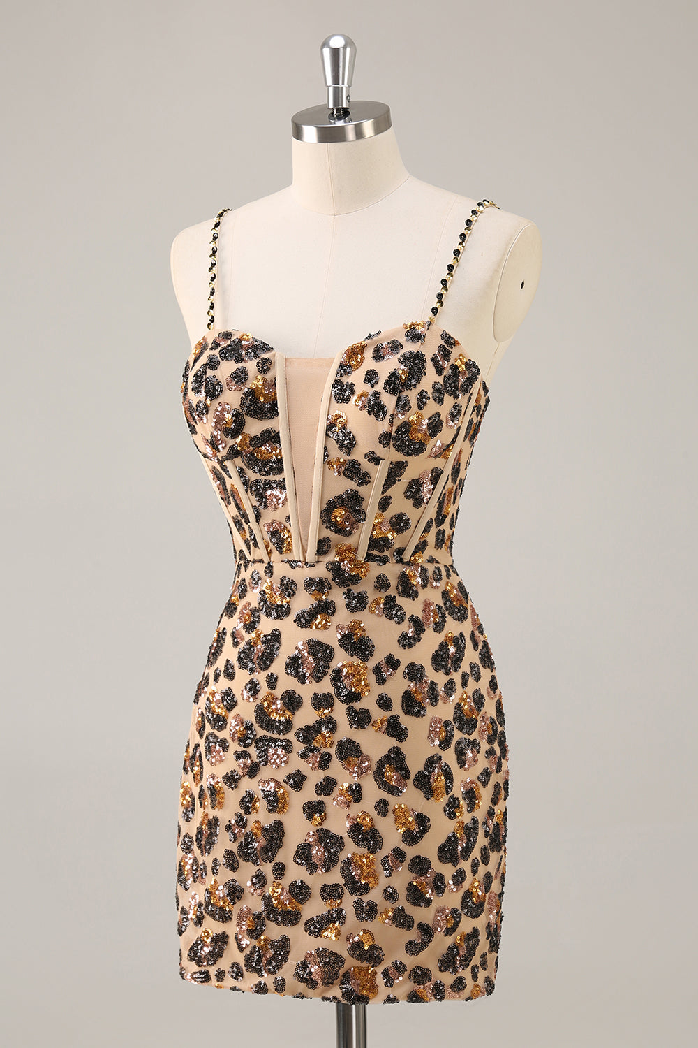 Kahki Leopard Korsett Bodycon Kort Homecoming Klänning med Paljetter