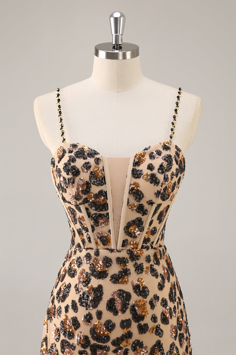 Kahki Leopard Korsett Bodycon Kort Homecoming Klänning med Paljetter