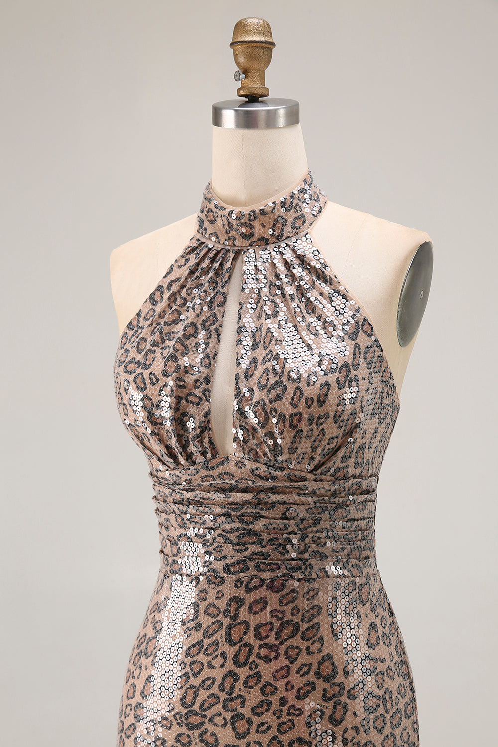Glitter Golden Leopard Mermaid Halter Lång Balklänning med slits