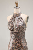 Glitter Golden Leopard Mermaid Halter Lång Balklänning med slits