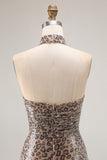 Glitter Golden Leopard Mermaid Halter Lång Balklänning med slits