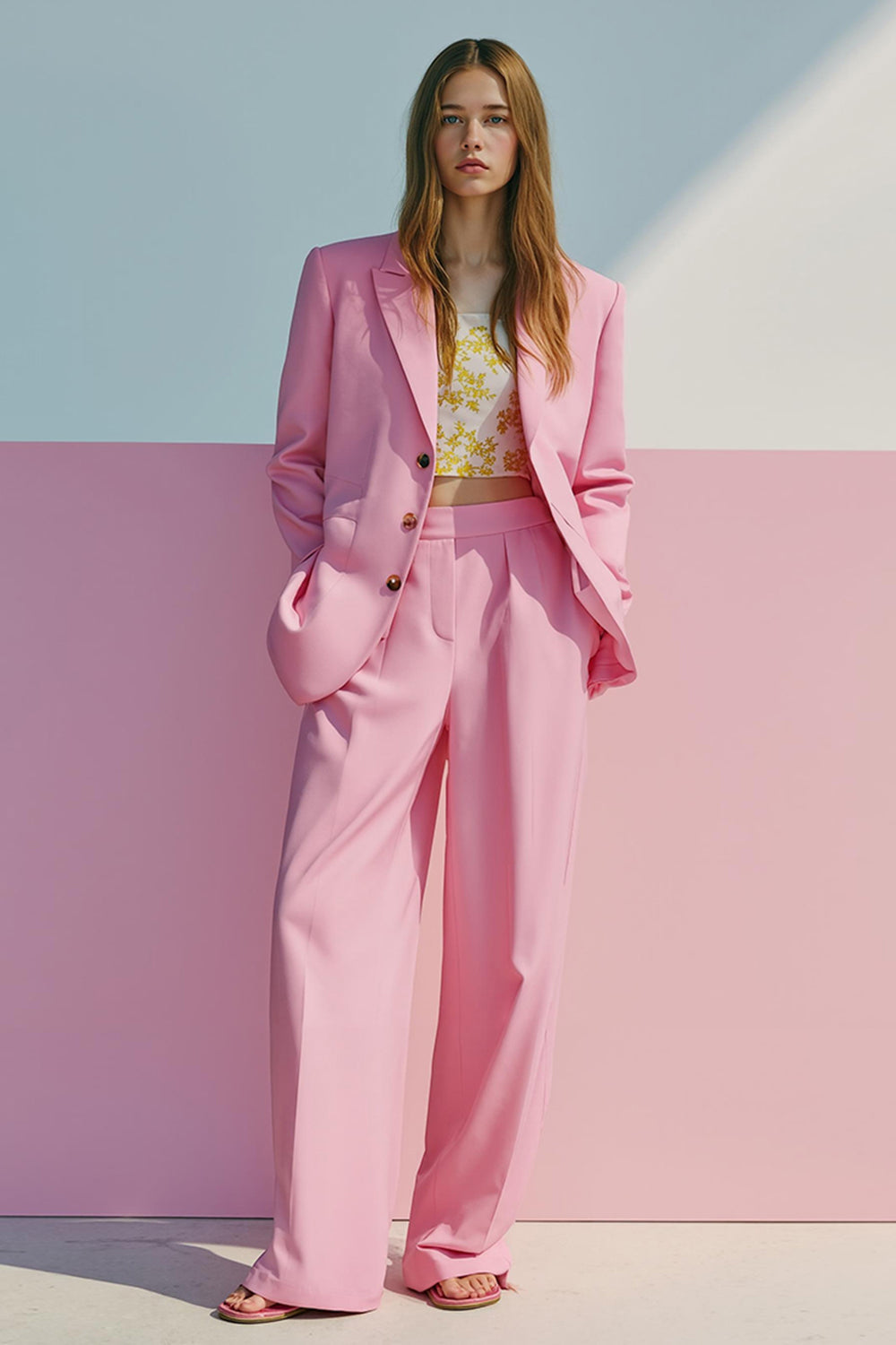 Rosa enkelknäppta 2-delade satinbaldräkter med fickor