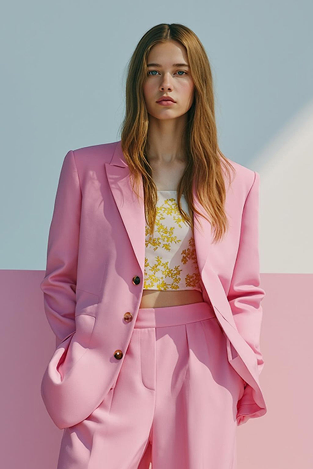 Rosa enkelknäppta 2-delade satinbaldräkter med fickor