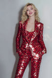Glittrande Vinröd 2 Piece Peak Kavajslag Paljetter Kvinnor Bal Kostymer