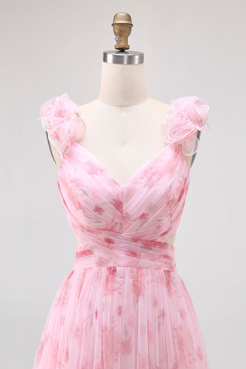 Rodna Blommig Tryckt En Linje Tyll Lång Brudtärna Klänning Med Volanger