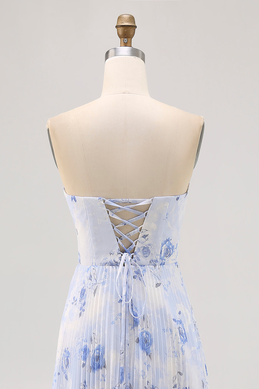Blå Blommig En linje Axelbandslös Plisserad Lång Brudtärna Klänning
