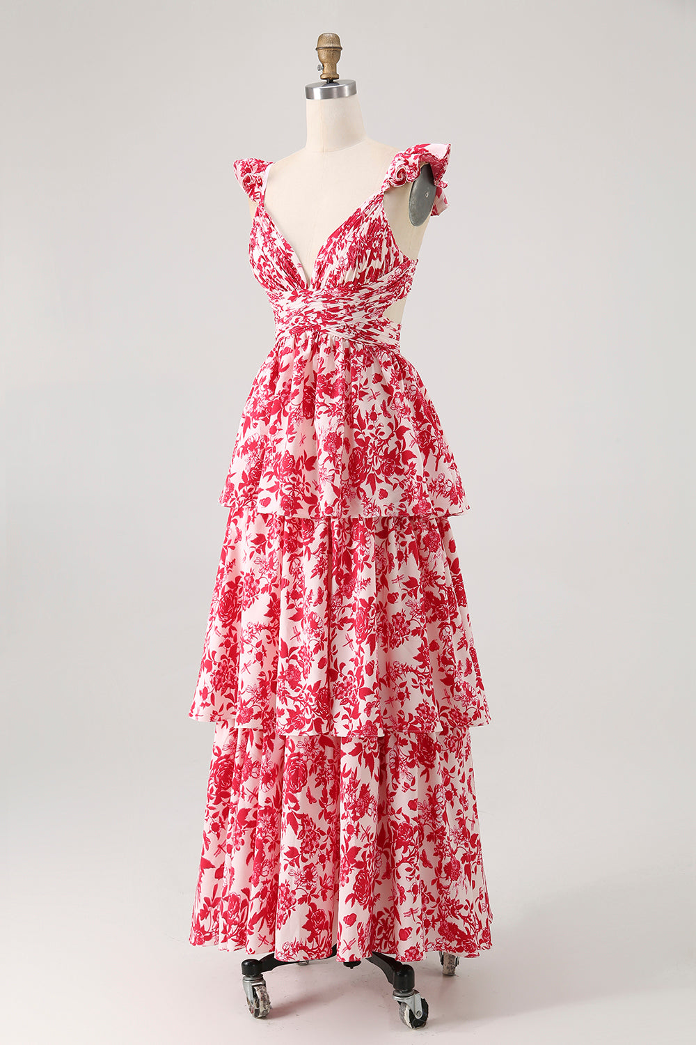 Blå Blommig En linje Nivåer V-hals Lång Brudtärna Klänning