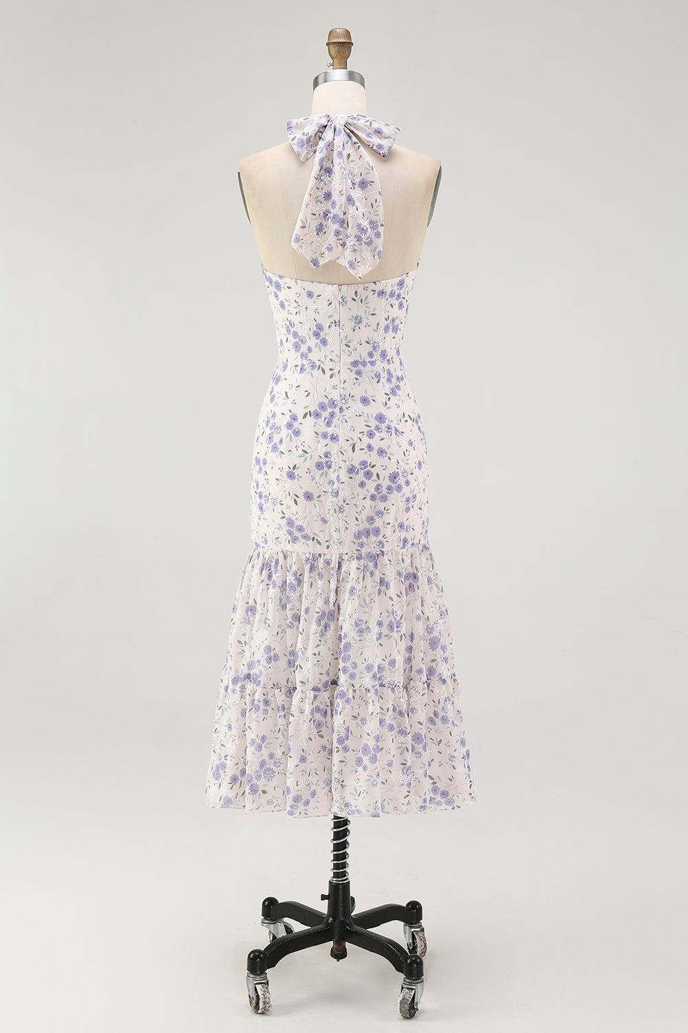 Blå Blommig Halter En linje Volang Midi Brudtärna Klänning