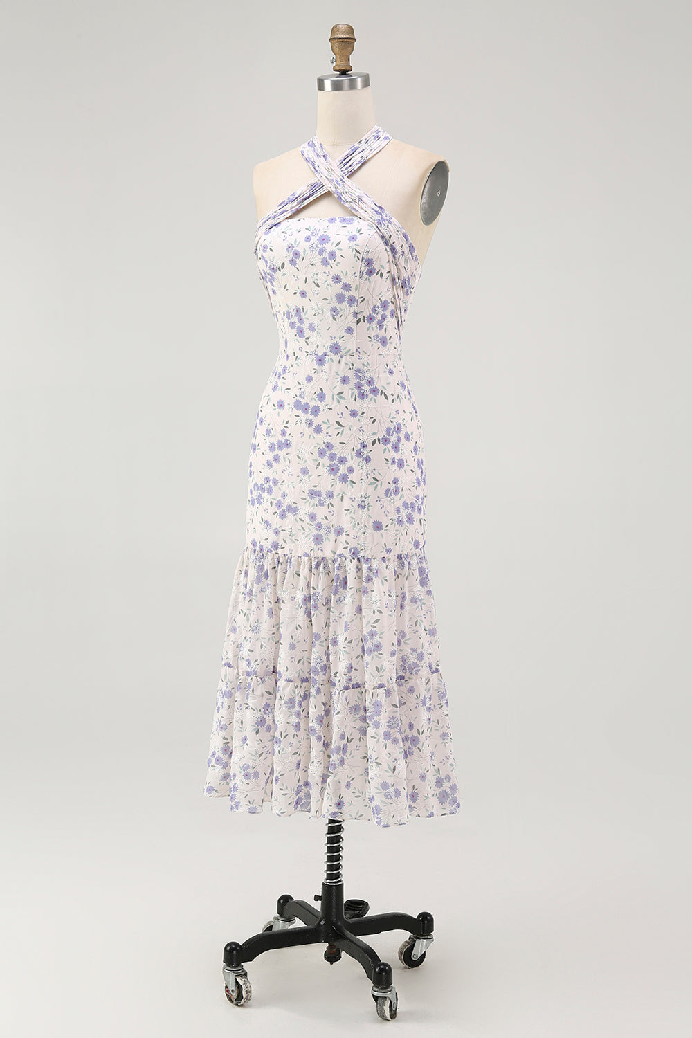 Blå Blommig Halter En linje Volang Midi Brudtärna Klänning