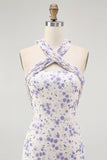 Blå Blommig Halter En linje Volang Midi Brudtärna Klänning