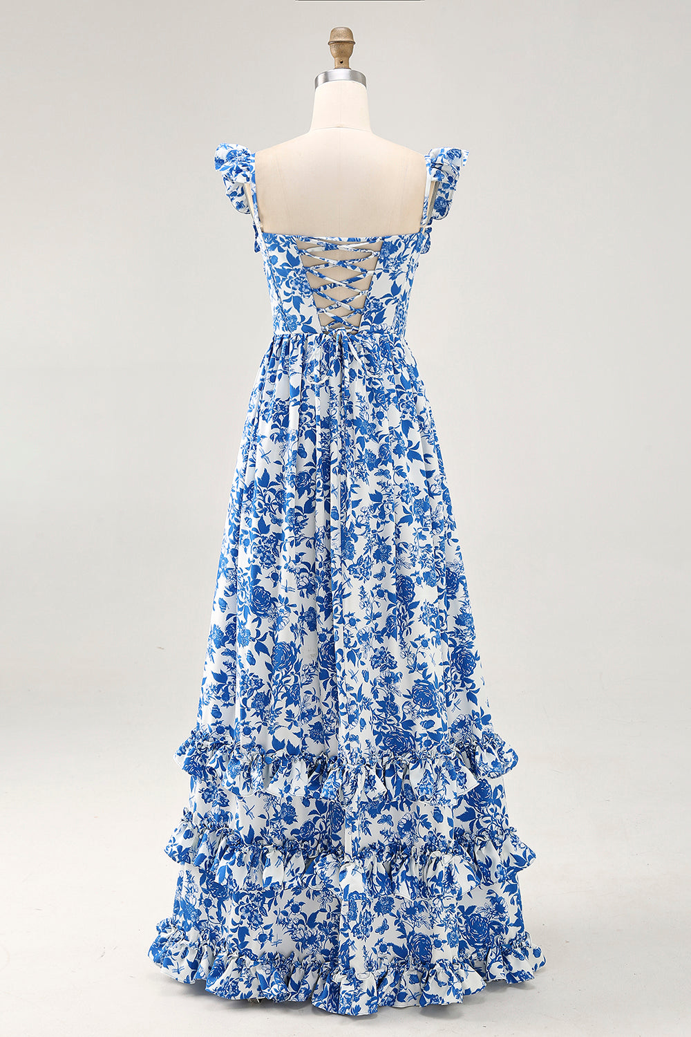 Off The Shoulder Volang Tryckt Blå Bröllop Gäst Klänning Med Slits