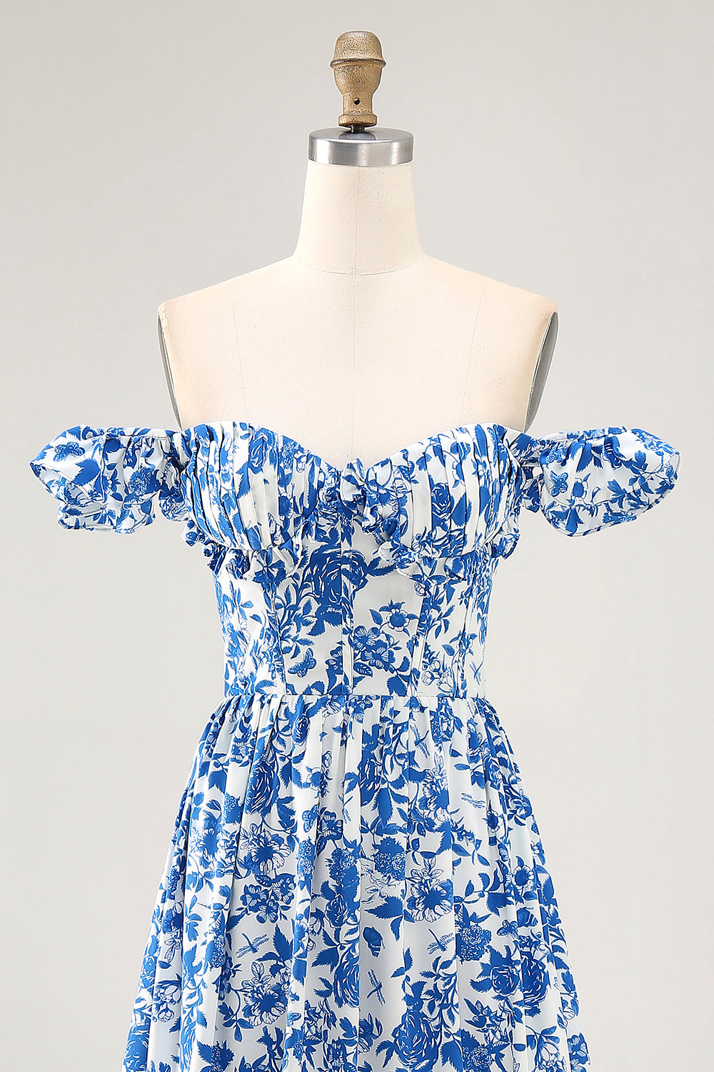 Off The Shoulder Volang Tryckt Blå Bröllop Gäst Klänning Med Slits