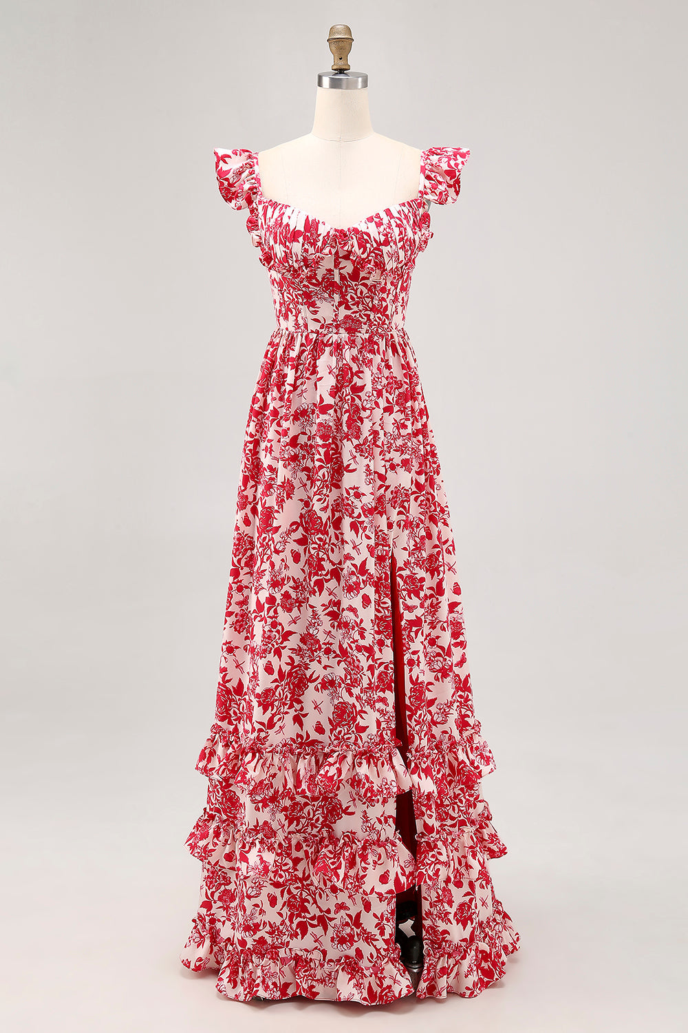 Off The Shoulder Volang Tryckt Blå Bröllop Gäst Klänning Med Slits