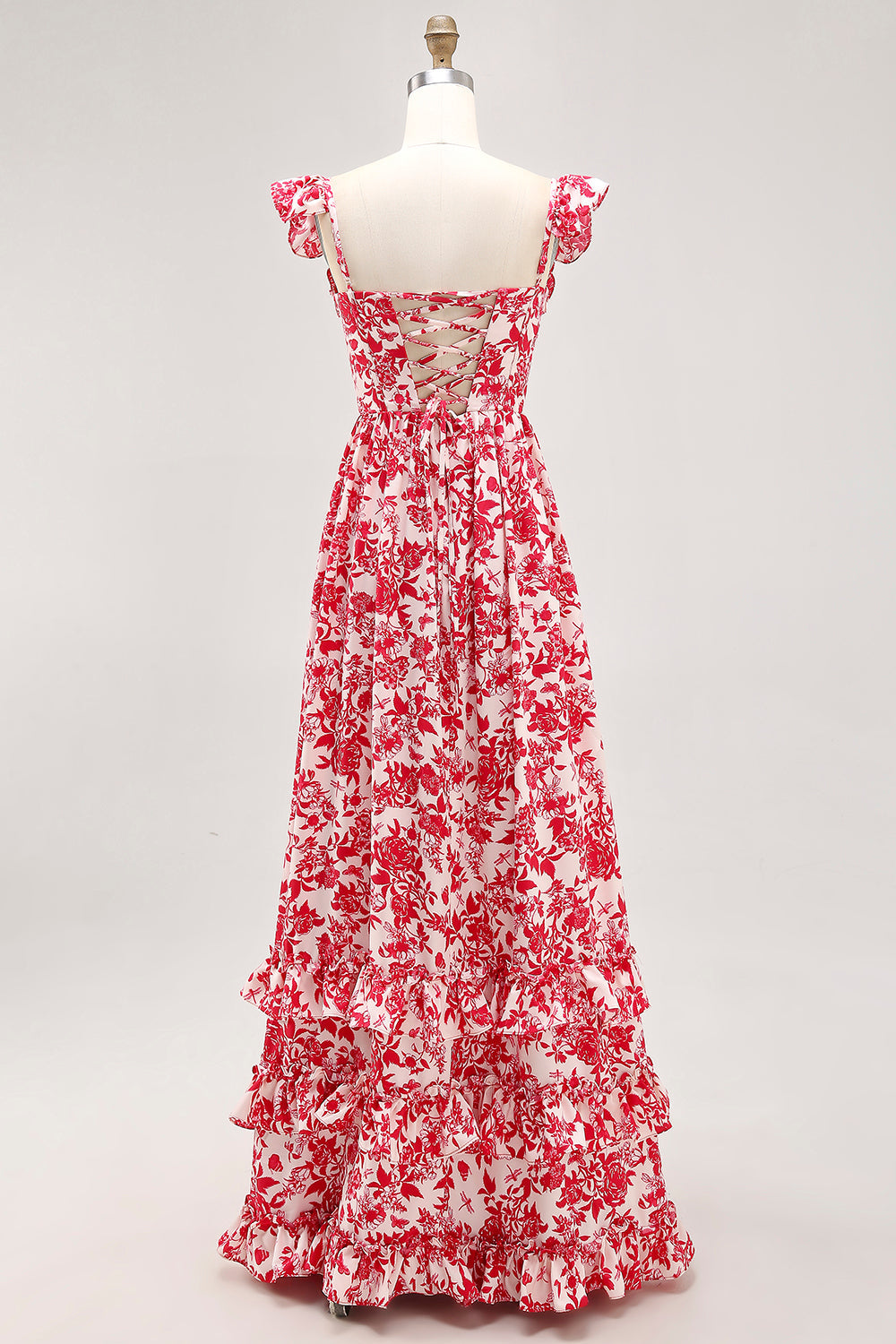 Off The Shoulder Volang Tryckt Blå Bröllop Gäst Klänning Med Slits