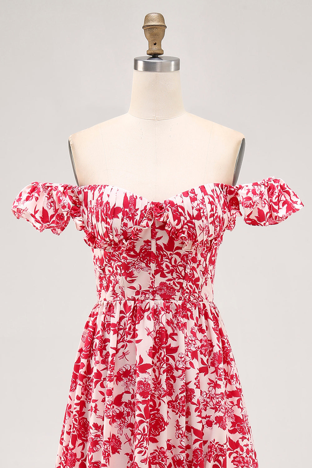 Off The Shoulder Volang Tryckt Blå Bröllop Gäst Klänning Med Slits